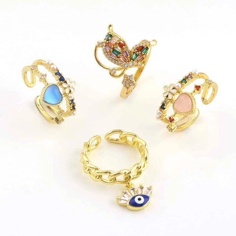 Fashion Adjustable Copper Gold Plated Open Ring For Women Colorful Zircon Butterfly Bear Heart Evil Eye Dainty Jewelry