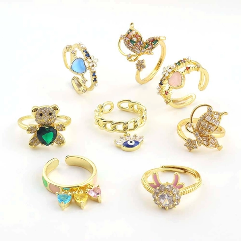 Fashion Adjustable Copper Gold Plated Open Ring For Women Colorful Zircon Butterfly Bear Heart Evil Eye Dainty Jewelry