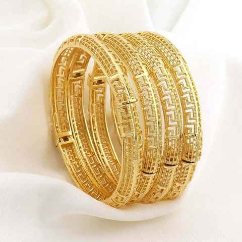 Dubai Goud Vergulde Koperen Armring Voor Dames Met Holle Griekse Sleutelpatronen Elegante Scharnierarmband Sieraden