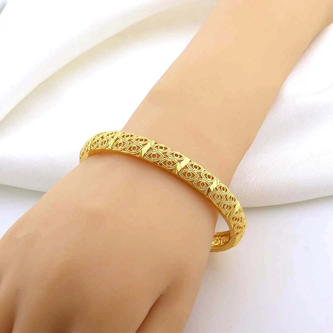 24K Vergulde Koperen Armband Voor Vrouwen Hol Filigraan Dubai Midden-Oosters Etnisch Bruids Huwelijk Sieraden Armring
