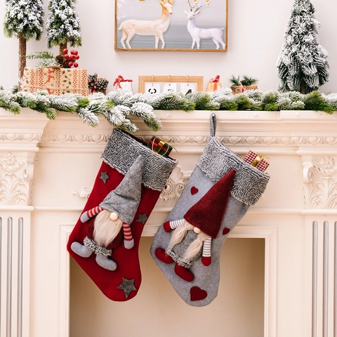 Luxus Nikolausstiefel Mit 3D Gnom Grauer Pelzbesatz Skandinavisch Plüsch Feiertags-Geschenkbeutel Für Kamin Dekoration