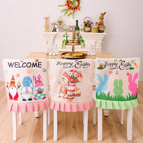 Housses de Chaise de Pâques Effet Lin Gnomes Lapins Imprimés Protecteur de Dossier Avec Ourlet à Volants à Pois Décoration