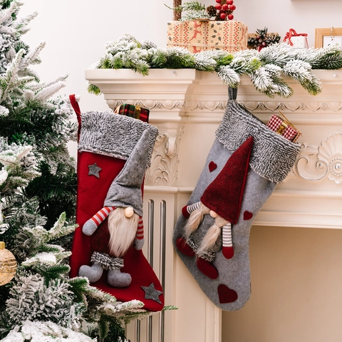 Luxus Nikolausstiefel Mit 3D Gnom Grauer Pelzbesatz Skandinavisch Plüsch Feiertags-Geschenkbeutel Für Kamin Dekoration