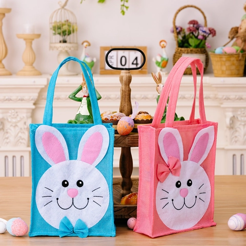 Easter Bunny Rabbit Gift Bag Polyester Fabric Tote Bag With Applique Design Cartoon Holiday Treats Bag Party Decorations