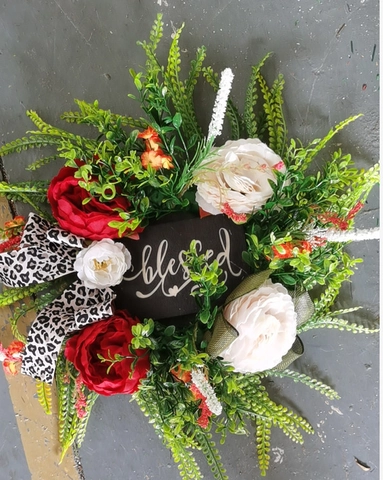 Ghirlanda di Peonie per il Raccolto Autunnale con Scritta Blessed per Decorazione Porta Thanksgiving Ghirlanda Floreale Rustica