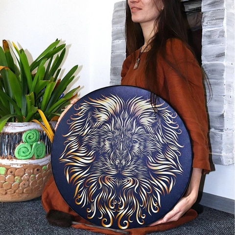 Tamburo Sciamanico Artigianale Con Bacchetta Motivo Leone Dorato Tamburo Etnico Strumento Musicale Decorativo Per Meditazione Domestica