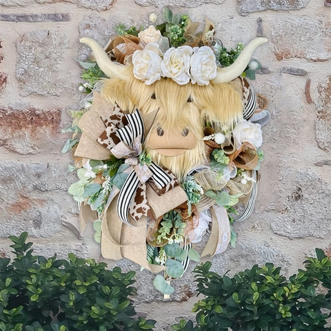Ghirlanda Porta Mucca Highland Intrecciata in Paglia Decorazione Fattoria Primaverile Ghirlanda Testa Bestiame Con Verde e Fiocchi