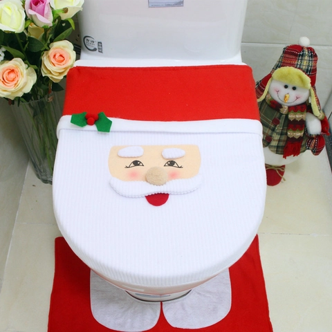 Santa Claus Toilet Seat Cover Set Including Lid Cover Rug Tank And Tissue Box Cover For Christmas Bathroom Home Decoration