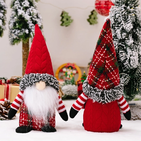 Handmade Christmas Gnome Plush Ornaments Knitted Plaid Hat Faceless Doll Swedish Tomte Figurines Holiday Home Table Decor