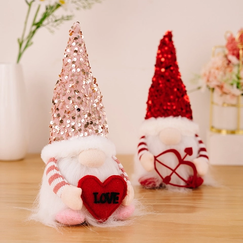 Ornements Gnome de la Saint Valentin Avec Paillettes et Lumière LED Poupée Gnome Cœur en Peluche Décoration de Table pour Maison Mariage Fête Cadeau