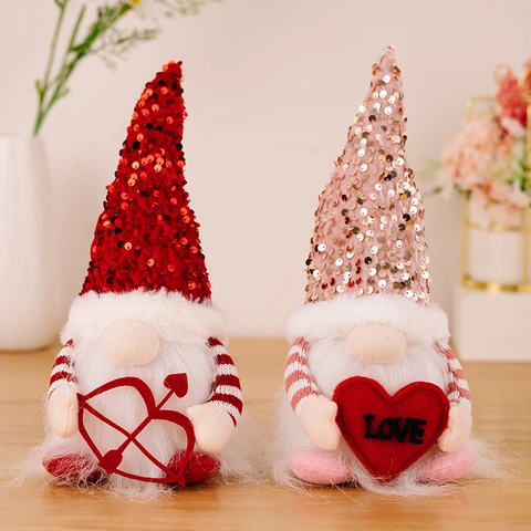 Ornements Gnome de la Saint Valentin Avec Paillettes et Lumière LED Poupée Gnome Cœur en Peluche Décoration de Table pour Maison Mariage Fête Cadeau