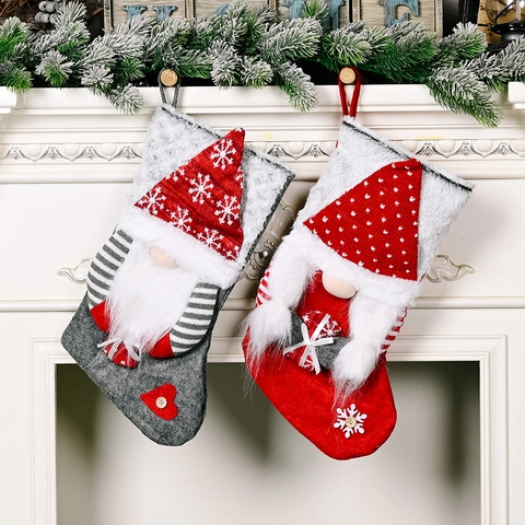 Chaussette de Noël en Peluche Avec Gnome 3D Flocon de Neige Décor Tricoté Style Nordique Pour Sapin de Noël Cheminée Maison Fête Décoration