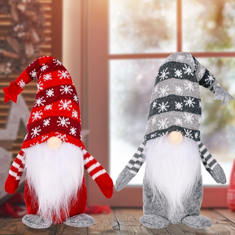 Christmas Gnome Plush Doll Knitted Snowflake Star Hat Nordic Tomte Rudolf Standing Figurine Holiday Home Table Decoration