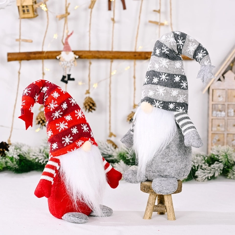 Christmas Gnome Plush Doll Knitted Snowflake Star Hat Nordic Tomte Rudolf Standing Figurine Holiday Home Table Decoration