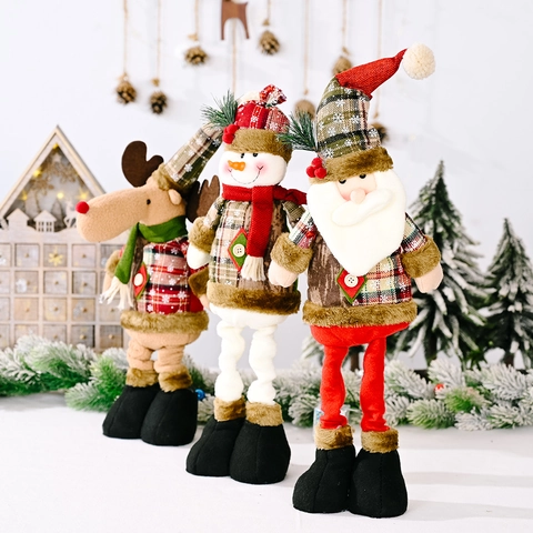 Retro Christmas Retractable Plush Doll Santa Claus Snowman Reindeer Plaid Snowflake Home Tabletop Ornament Festive Holiday Decor