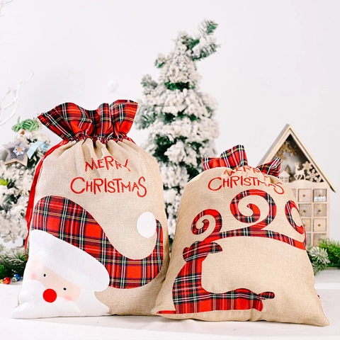 Large Christmas Burlap Gift Bag With Red Black Plaid Applique Santa Claus Reindeer Embroidered Drawstring Candy Bag Decoration
