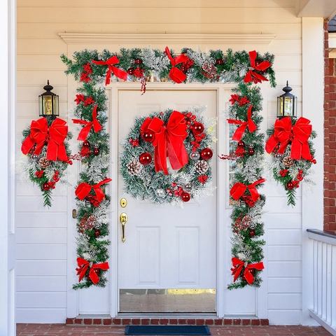 Fiocco Rosso Innevato Decorazione Natalizia Ghirlanda Pigna Bacca Swag Per Casa Porta Finestra Tradizionale Natale Ornamento