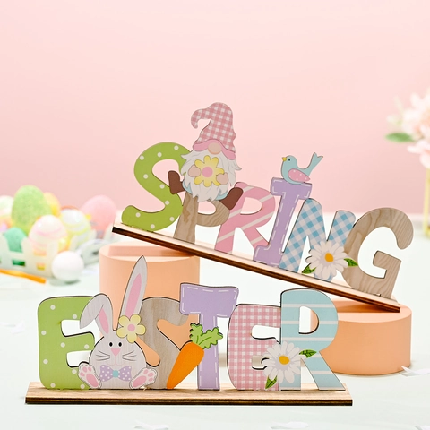 Easter Wooden Letter Sign Table Decoration Spring Printed Wood Gnome Rabbit Ornament For Home Party Desktop Festive Decor