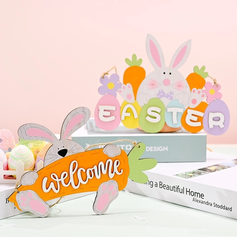 Easter Wooden Welcome Sign Bunny Carrot Hanging Ornament For Home Party Wall Decoration Colorful Wood Plaque Holiday Decor