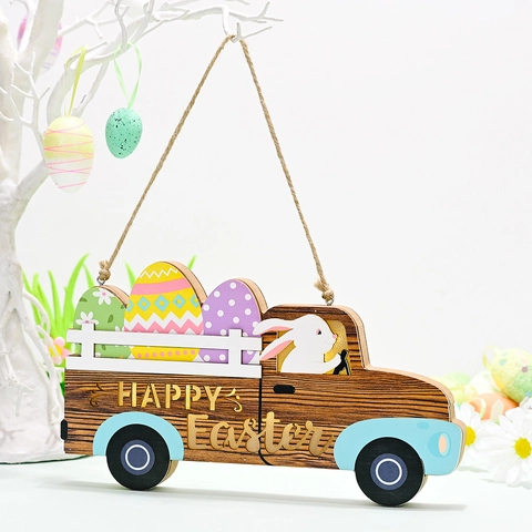 Targa Appesa in Legno di Pasqua LED Con Coniglietto e Uova Colorate Rustico Happy Easter Placca per Porta Decorazione
