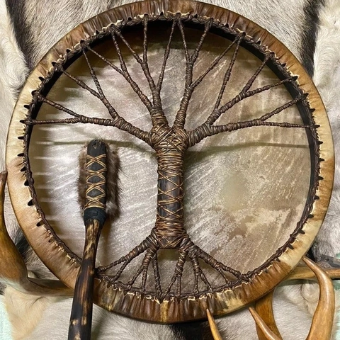Tamburo Sciamanico Design Albero Della Vita Strumento A Percussione Con Bacchetta Stile Etnico Vintage Meditazione Arredo Casa