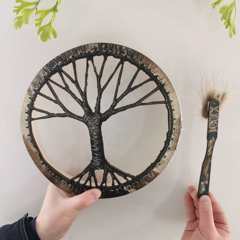 Tamburo Sciamanico Design Albero Della Vita Strumento A Percussione Con Bacchetta Stile Etnico Vintage Meditazione Arredo Casa