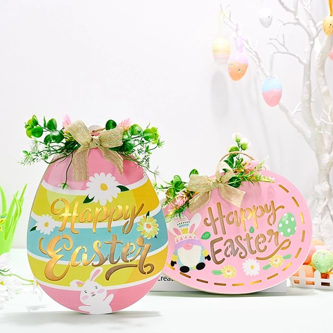Felices Pascuas Placa de Puerta de Madera Iluminada para Colgar Forma de Huevo Con Conejo Gnomo LED Decoración de Madera