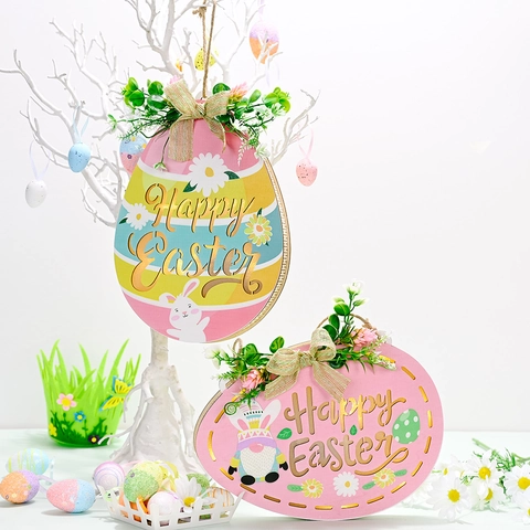 Felices Pascuas Placa de Puerta de Madera Iluminada para Colgar Forma de Huevo Con Conejo Gnomo LED Decoración de Madera