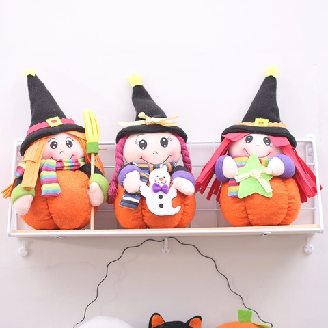 Poupée Sorcière d'Halloween Décoration de Table Citrouille Balai Fantôme Étoile Magicien Ornement Pour Maison Fête Bureau Décor