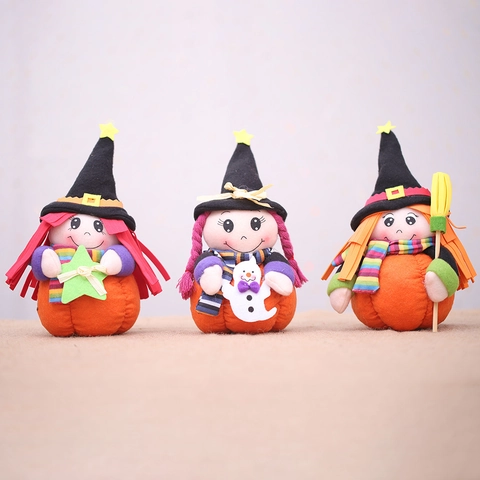 Poupée Sorcière d'Halloween Décoration de Table Citrouille Balai Fantôme Étoile Magicien Ornement Pour Maison Fête Bureau Décor