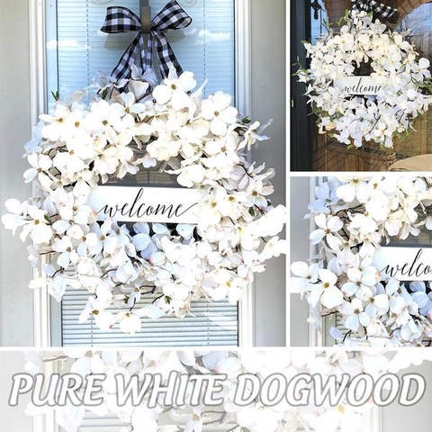 Artificial White Dogwood Wreath With Welcome Wood Sign Black White Buffalo Plaid Bow Farmhouse Front Door Decor Garland