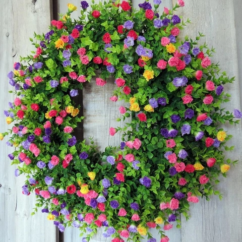 Spring Artificial Flower Wreath Colorful Floral Door Garland Green Leaves For Home Garden Wall Decoration Multi-Colored