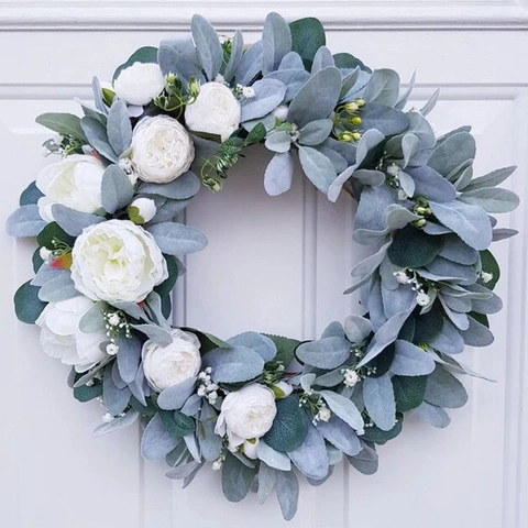 Artificial White Rose Wreath With Sage Green Lambs Ear Leaves Farmhouse Floral Door Hanging For Wedding Home Decor