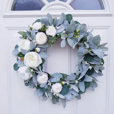 Artificial White Rose Wreath With Sage Green Lambs Ear Leaves Farmhouse Floral Door Hanging For Wedding Home Decor