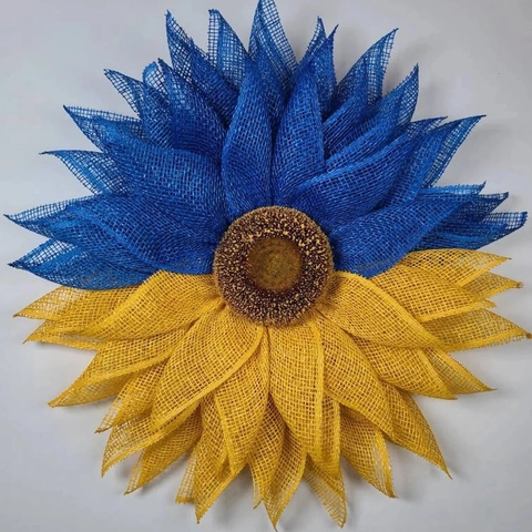 Blau und Gelb Sonnenblume Kranz für Haustür Netzgewebe Blumengirlande Heim Wandbehang Dekor Floral Kranz