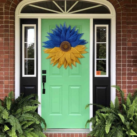 Blau und Gelb Sonnenblume Kranz für Haustür Netzgewebe Blumengirlande Heim Wandbehang Dekor Floral Kranz