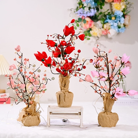 Árbol de Tulipanes Artificial Con Luces LED Base de Arpillera Árbol Decorativo de Sobremesa para Día de la Madre San Valentín
