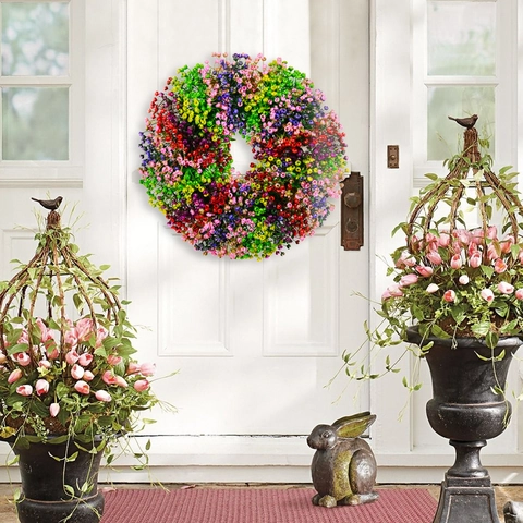 Artificial Multicolor Gypsophila Wreath Plastic Waxflower Floral Hoop For Front Door Home Wedding Wall Decoration