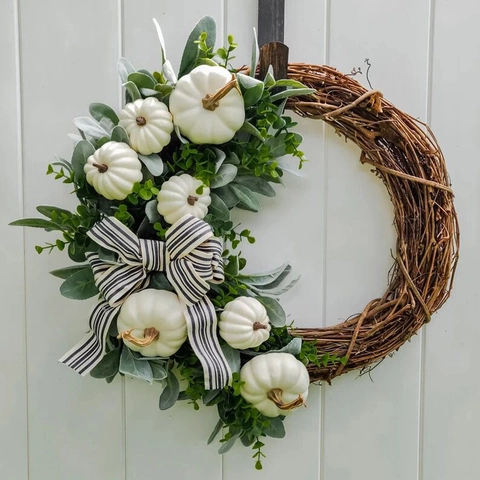 Artificial Autumn White Pumpkin Wreath With Striped Ribbon Natural Rattan Base Farmhouse Fall Front Door Garland For Halloween Thanksgiving Home Decor