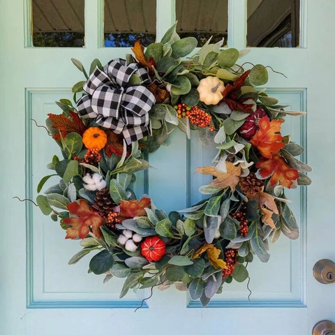 Fall Eucalyptus Pumpkin Wreath Buffalo Plaid Bow Autumn Harvest Wreath For Front Door Thanksgiving Decor Home Wall Ornament