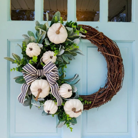 Artificial Autumn White Pumpkin Wreath With Striped Ribbon Natural Rattan Base Farmhouse Fall Front Door Garland For Halloween Thanksgiving Home Decor