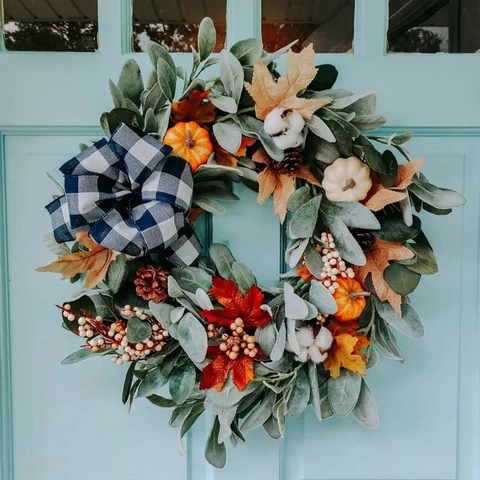 Fall Eucalyptus Pumpkin Wreath Buffalo Plaid Bow Autumn Harvest Wreath For Front Door Thanksgiving Decor Home Wall Ornament
