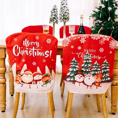 Christmas Chair Cover Red Polyester Santa Claus Snowman Reindeer Pattern Dining Chair Back Protector For Party Home Decor