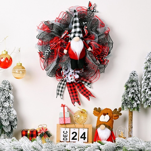 Nordischer Weihnachtswichtel Kranz Dekoration Mit Rot Schwarz Karriertem Band Für Haus Tür Festliche Party Wandbehang Requisite