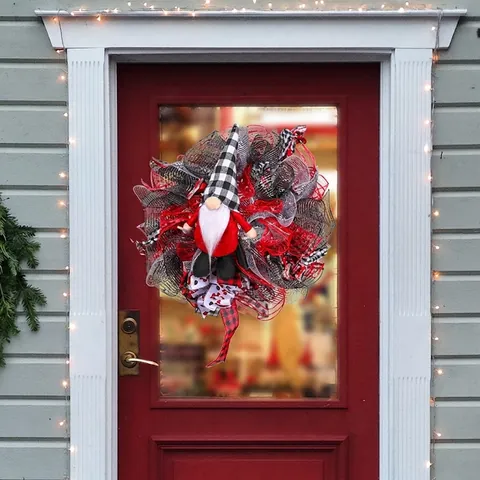 Nordischer Weihnachtswichtel Kranz Dekoration Mit Rot Schwarz Karriertem Band Für Haus Tür Festliche Party Wandbehang Requisite