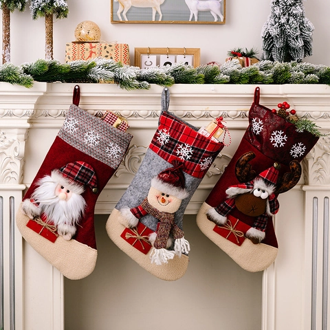 Grandi Calze di Natale 3D Peluche Cartone Animato Babbo Natale Pupazzo di Neve Renna Calze Regalo Fiocco di Neve Plaid Camino Decorazione
