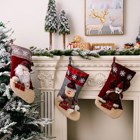 Grandi Calze di Natale 3D Peluche Cartone Animato Babbo Natale Pupazzo di Neve Renna Calze Regalo Fiocco di Neve Plaid Camino Decorazione