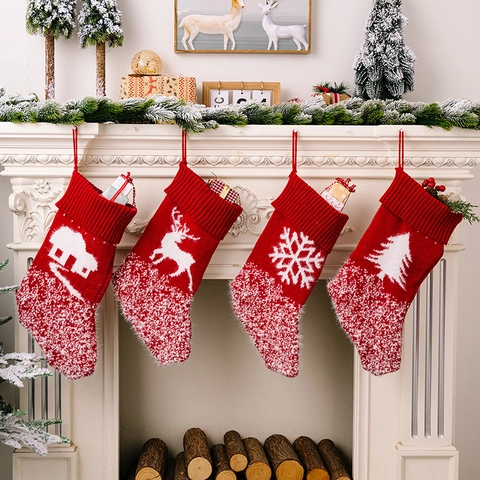 Großer Gestrickter Weihnachtsstrumpf Rot Weiß Elch Schneeflocke Baum Muster Kamin Aufhängen Feiertag Xmas Geschenkbeutel Haus Dekor