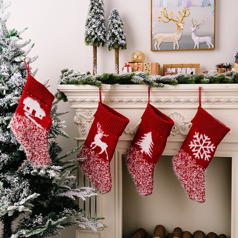 Großer Gestrickter Weihnachtsstrumpf Rot Weiß Elch Schneeflocke Baum Muster Kamin Aufhängen Feiertag Xmas Geschenkbeutel Haus Dekor