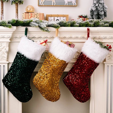 Calcetín de Navidad Grande con Lentejuelas y Borde de Piel Artificial Oro Rojo Verde Decoración Colgante Bolsa de Regalo Niños
